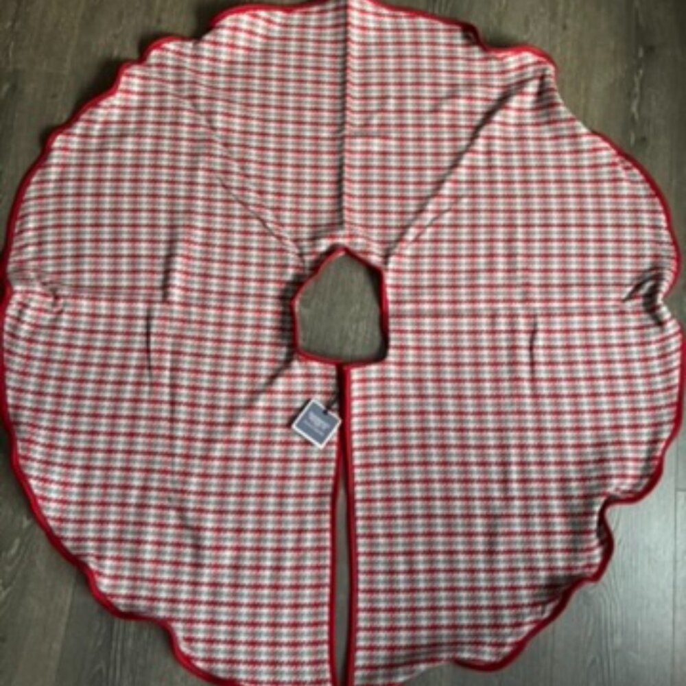 Faribault Woolen Mill Co Dawson Houndstooth Plaid Tree Skirt Red Gray 50" NWT